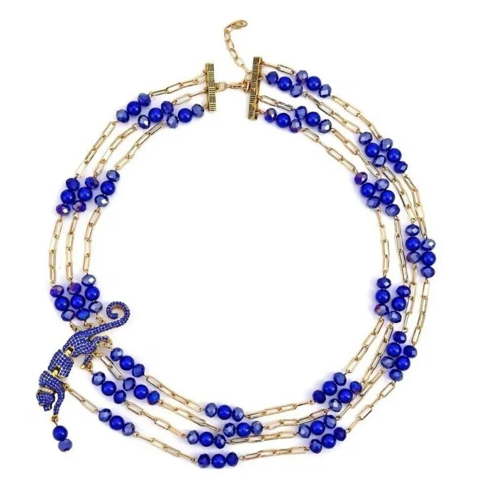 Simulated Blue Pearl Multi Gemstone Paper Clip Chain Necklace With Leopard Charm
